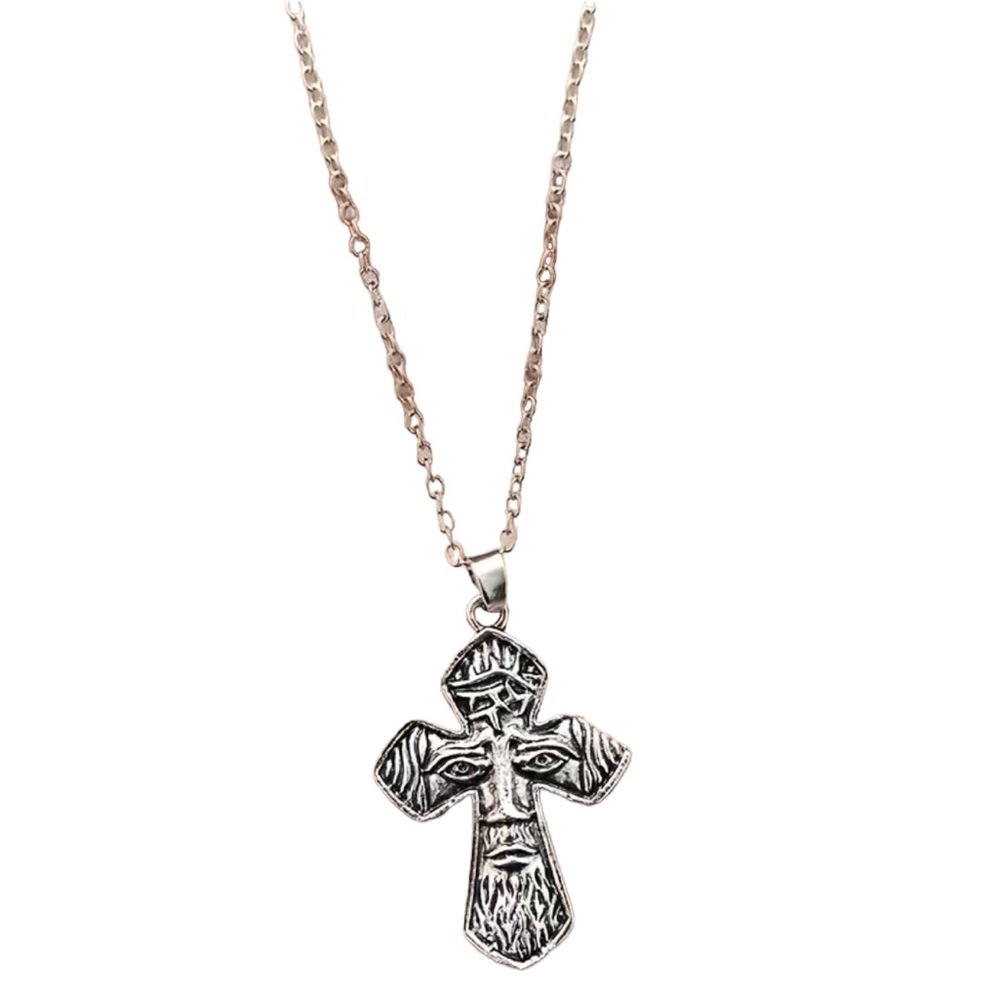 Silver Cross Pendant Necklace with Jesus’ Face